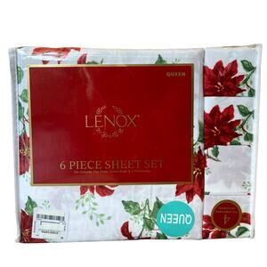 LENOX Poinsettia Christmas 6-Piece QUEEN Sheet Set Holiday Bedding  New